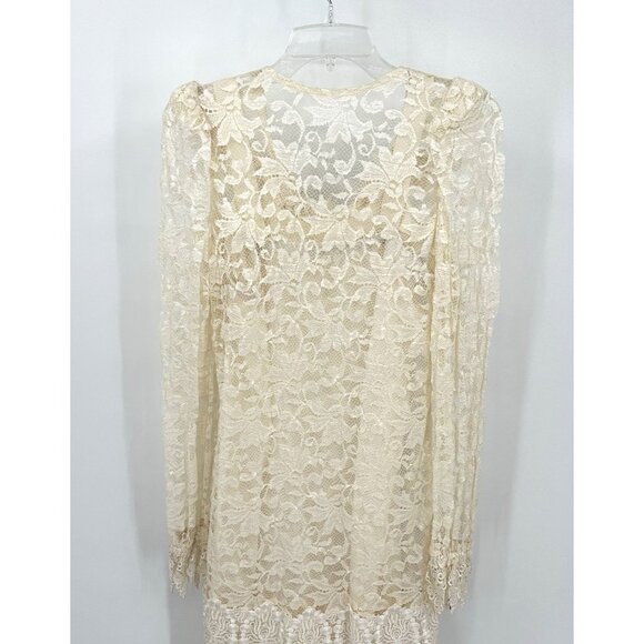vintage 80s LACE DROP WAIST DRESS long sleeve party evening formal ivory S - Picture 8 of 11